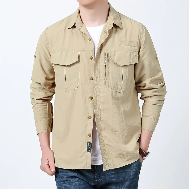 Men's Summer Outdoor Casual Short-Sleeved Shirt Multi-Pocket Workwear Breathable Lightweight Quick-Drying Silk Elastic