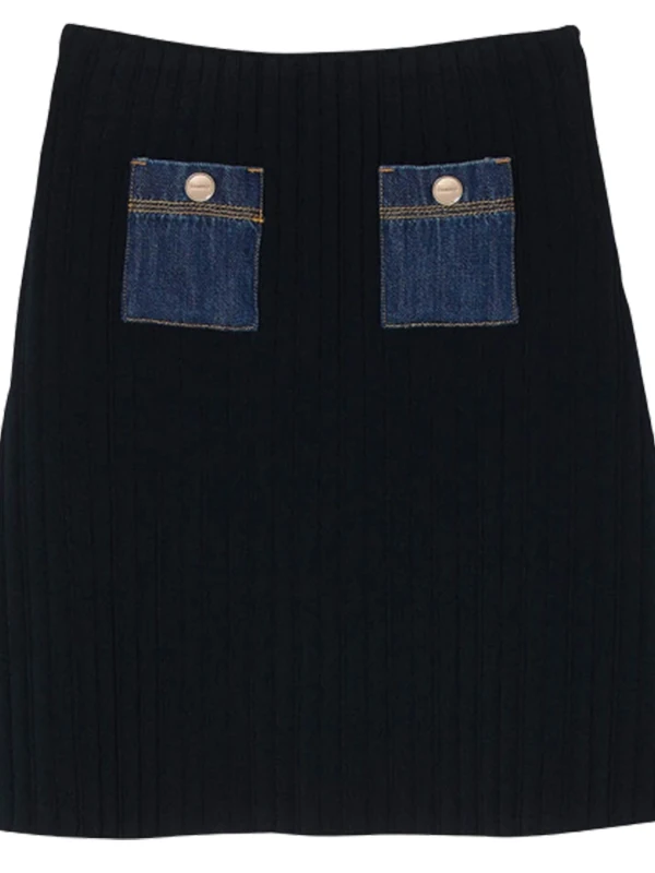 Slim-Fit-Denim-Patchwork-Ripprock, hohe Taille, A-Linie, Silhouette, gestrickter Stoff, Pendlerrock, f-lange Röcke