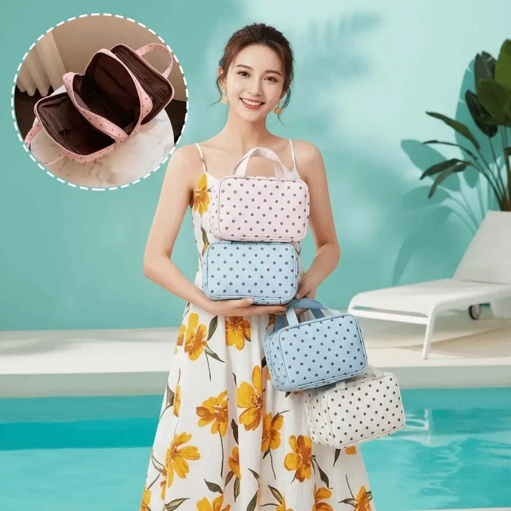 Waterproof Cosmetic Bag Polka Dot Dual Zippers Toiletry Case Rectangular Shape Large Capacity Travel Organizer Flight Cabin