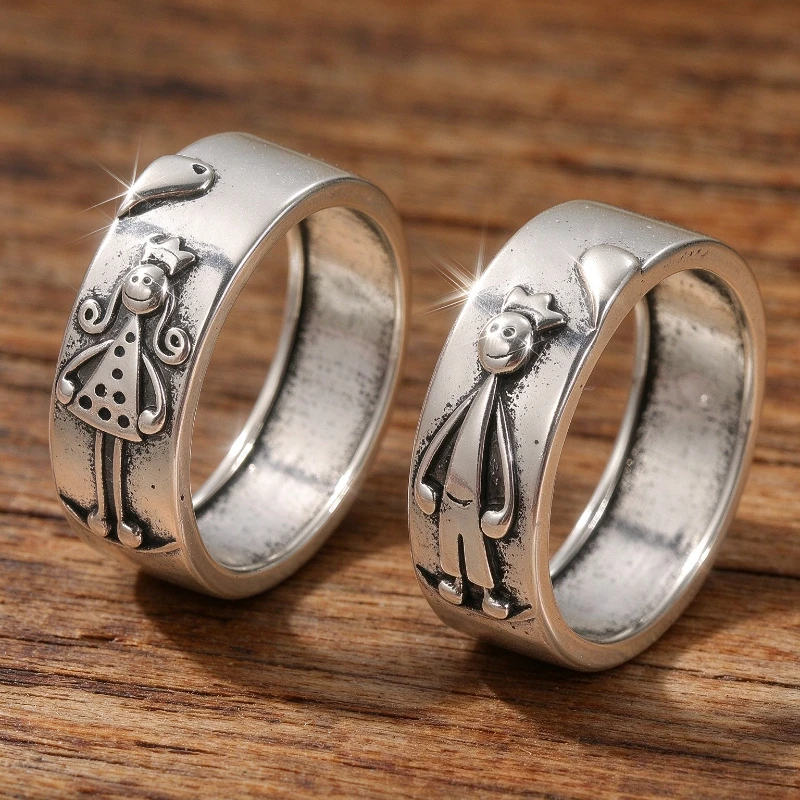 Couples' Fashion Creative Cartoon Relief Silvery Eternal Ring Vintage Personality Banquet Anniversary Handmade Jewelry Accessory
