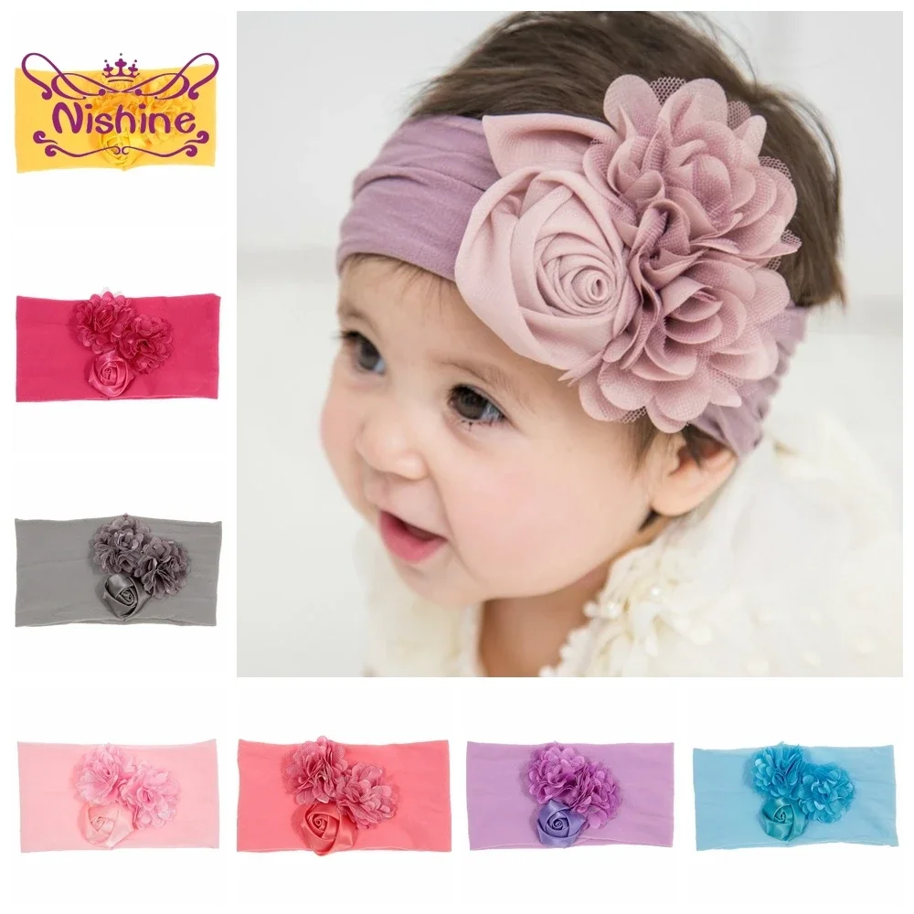 1PCS Soft Stretch Satin Rose Flower Baby Headband Newborn Knot Wide Nylon Headwraps Turban Girls Headwear Kids Photo Props