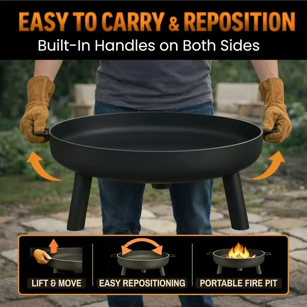 27.5-Inch Wood-Burning Outdoor Fire Pit with Handles and Cover - Ideal for Backyard, Deck, or Patio (Black) view 5