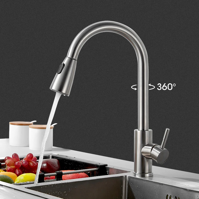 

304 stainless steel brushed kitchen vegetable basin faucet hot and cold rotatable sink dishwasher pulling spray gun faucet