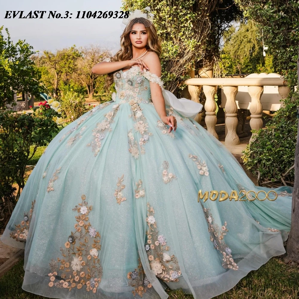 

EVLAST Customized Sage Pink Quinceanera Dress Ball Gown Floral Applique Beading Mexico Corset Sweet 16 Vestidos De 15 Anos E3Q09