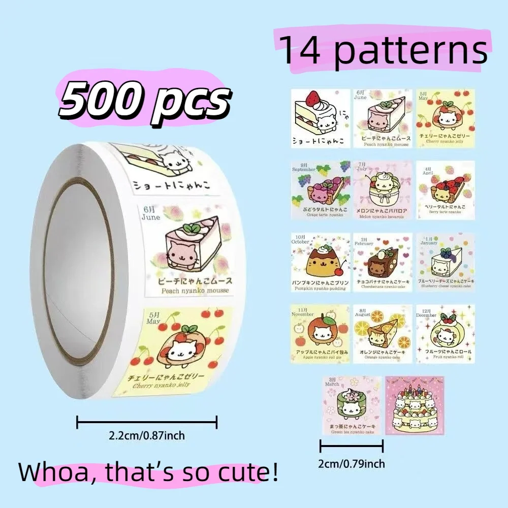 500Pcs/Roll Kawaii Cat Dessert Stickers, Cute Cake - Themed Cartoon Decals for DIY, Journal & Gift Decor