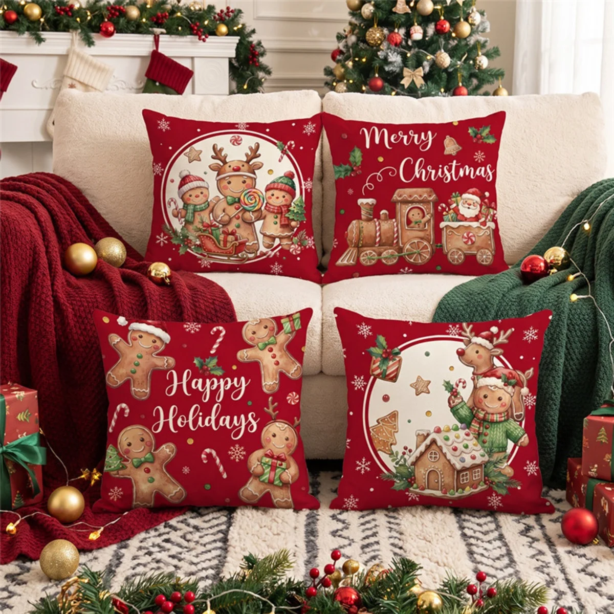 Cute Gingerbread Man Train Christmas Pillow Covers Set of 4, Winter Holiday Cushion Cases for Sofa Home Decor