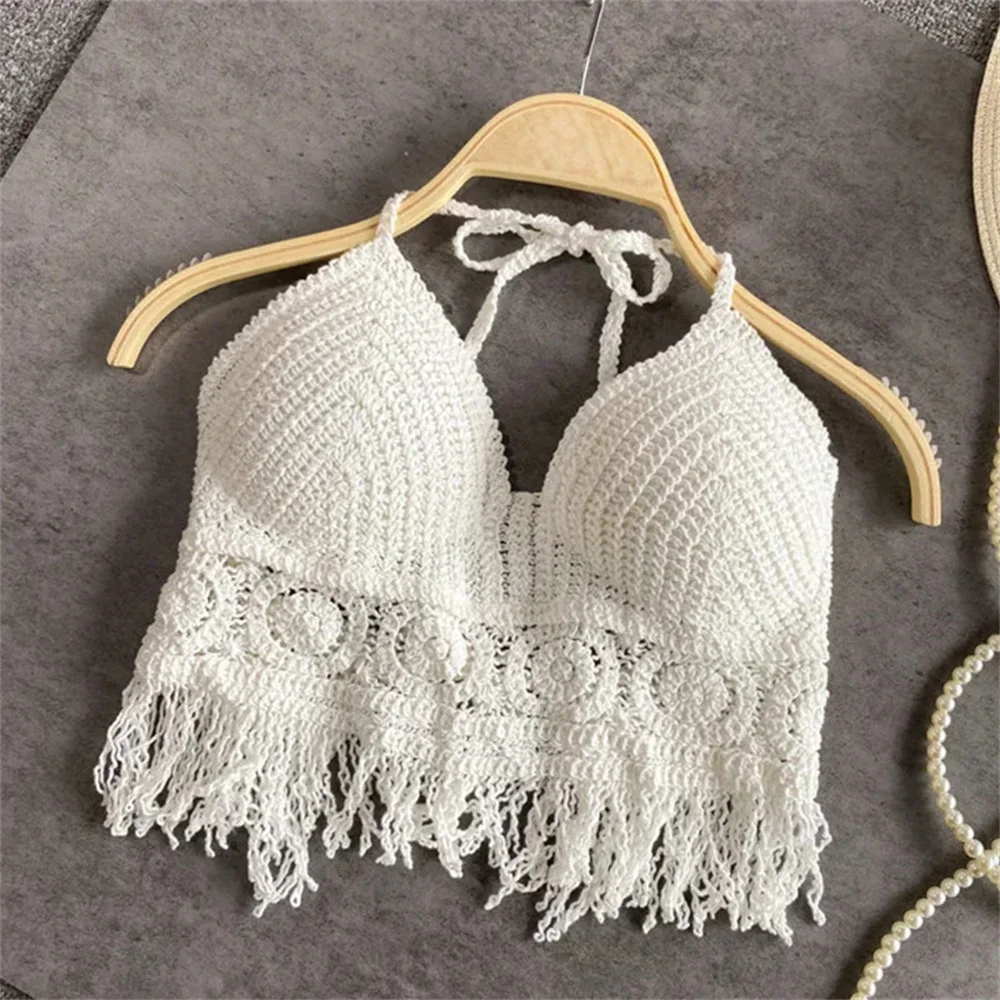 Sexy Hollow Out Underwear Women Summer Beach Short Tank Top Women Sweet Knitted Bra Tassel Women Short Top Debardeur Femme