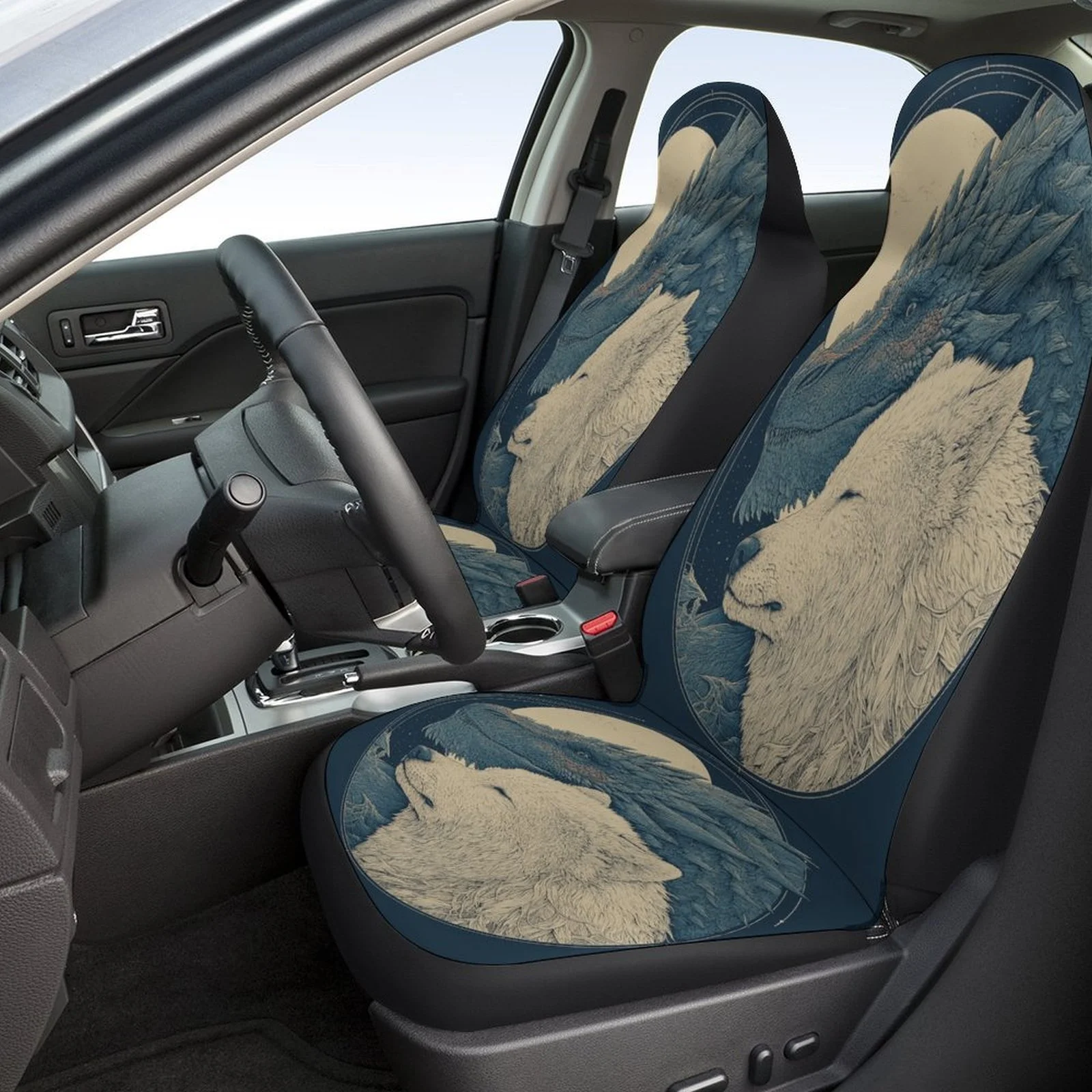Wolf And Dragon Designed Car Seat Cover Set For Most Cars, Trendy Novelty High-quality Car Seat Protector Covers Full Set, Unive