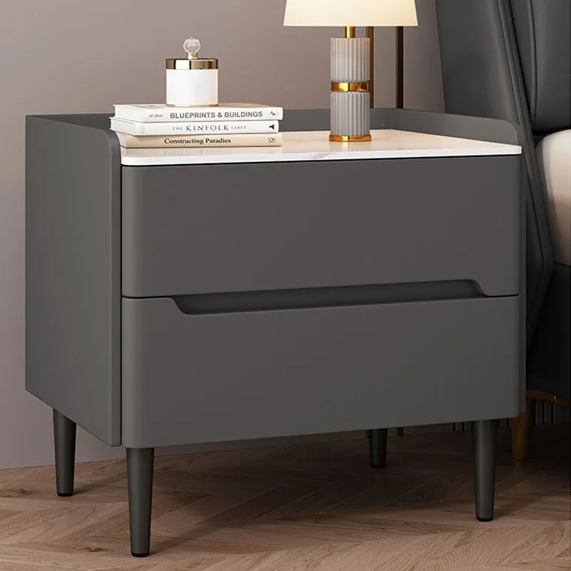 All Solid Wood Bedside Table Light Luxury Rock Slab Locker Bedroom Simple Modern Bedside Table Leather Small Apartment Storage