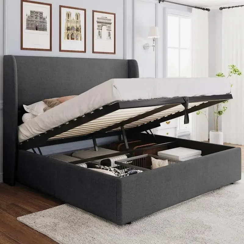 Lift Up Storage Bed Queen Size Upholstered Platform Bed Frame with Hydraulic Storage/Modern Wingback Headboard