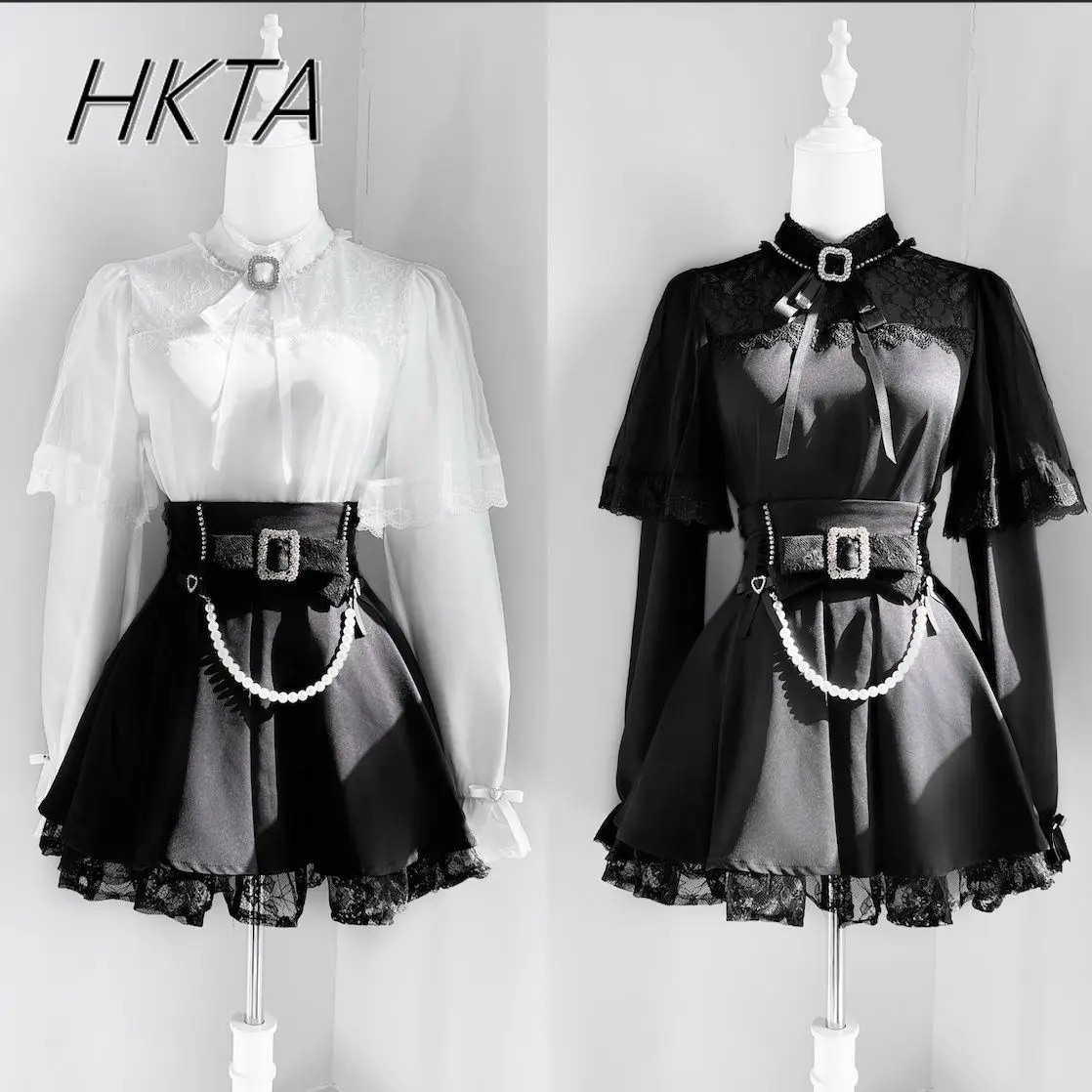 Japanese Dark Mass Produced Lace Bow Black Long Sleeve Shirt Women Blouse Top Lolita Pearl Waist Pleated Skirt Two Pieces Sets