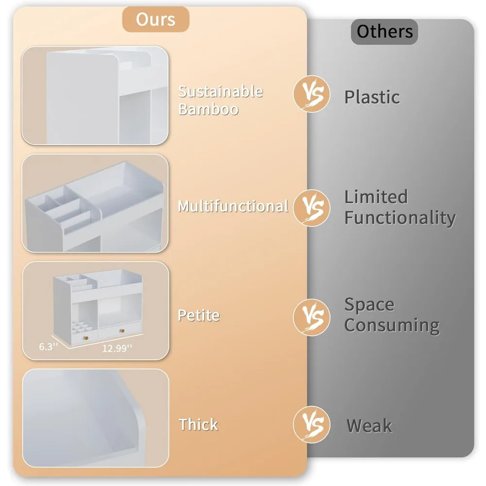 منظم مكياج من الخيزران مع أدراج لتخزين مستحضرات التجميل، لا يتطلب تجميع باللون الأبيض #6
