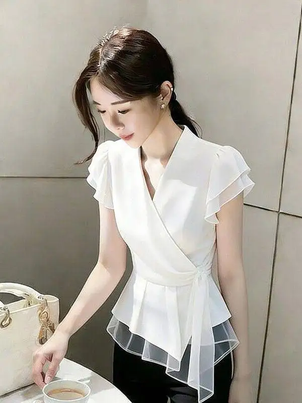 Slim Fit V-Neck Chiffon Short Sleeve Shirt Women's Fashion Design Summer New Style Waist-Cinching Slimming Top Korean Style
