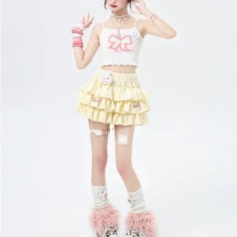 2024 Nowa letnia suknia balowa Kawaii Fresh and Sweet Minimalistyczna suknia balowa z wysokim stanem w jednolitym kolorze Plisowane kokardki Damskie