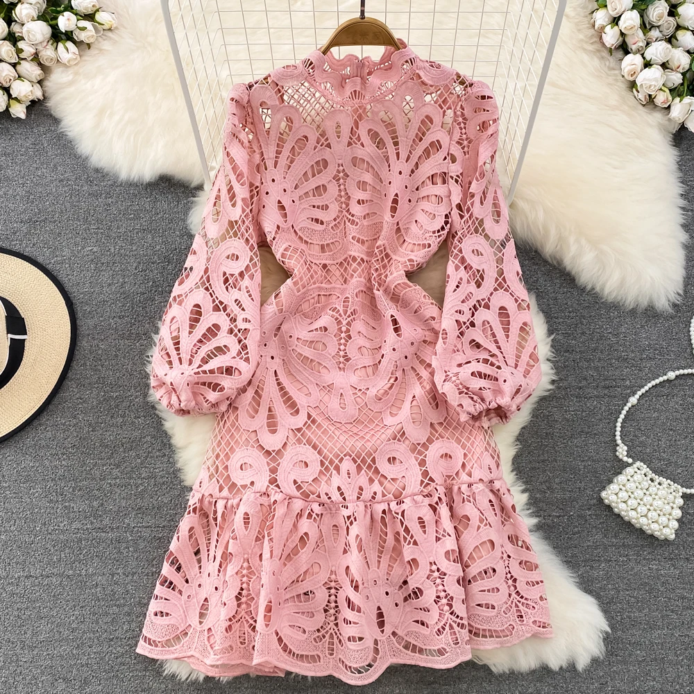 Runway Two Piece Dress Suits Women Sexy Hollow Out Lace Blouses Long Sleeve + Maxi Long Skirts Sets Summer Autumn Outfits