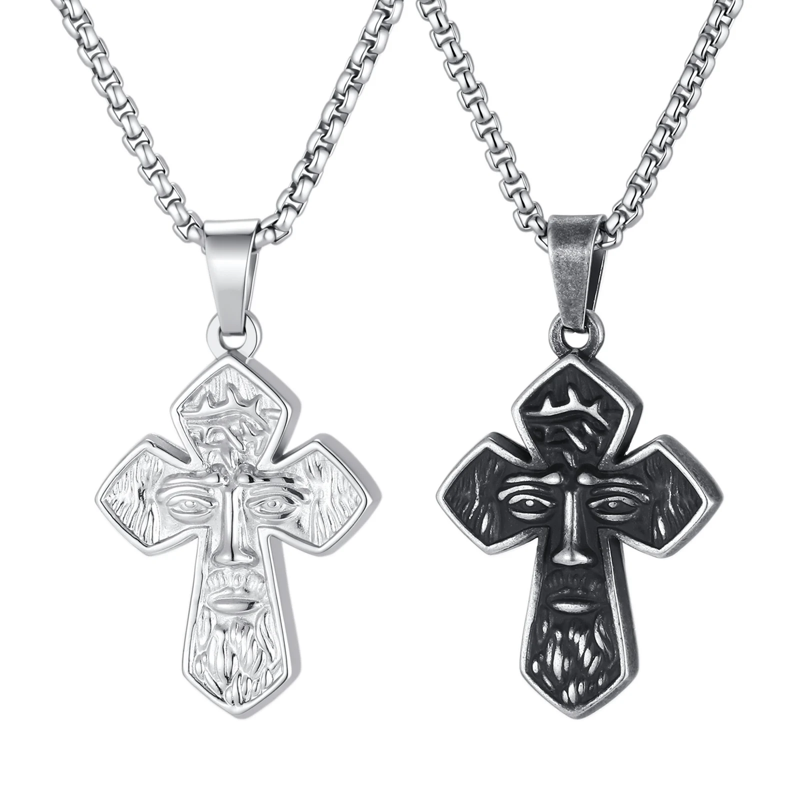 Vintage Crown of Thorns Jesus Cross Pendant Necklace for Men, Stainless Steel Cross Amulet Christian Religious Jewelry Gift