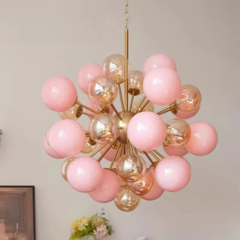 Pink Bubble Ball Glass Chandelier Nordic Living Dining Room Bar Counter Pendant Lights Designer Bedroom Home Decor Hanging Lamps