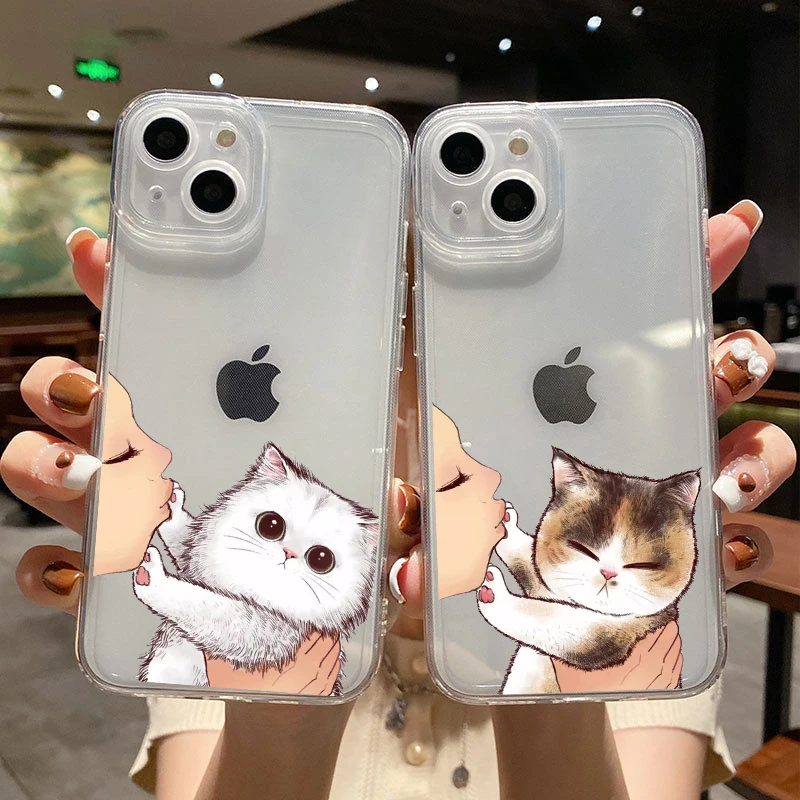 Cute Cat Phone Case For iPhone 13 12 11 14 15 16 Pro Max 16 15 14 Plus 13 Mini Funny Don't kiss me Soft TPU Clear Back case