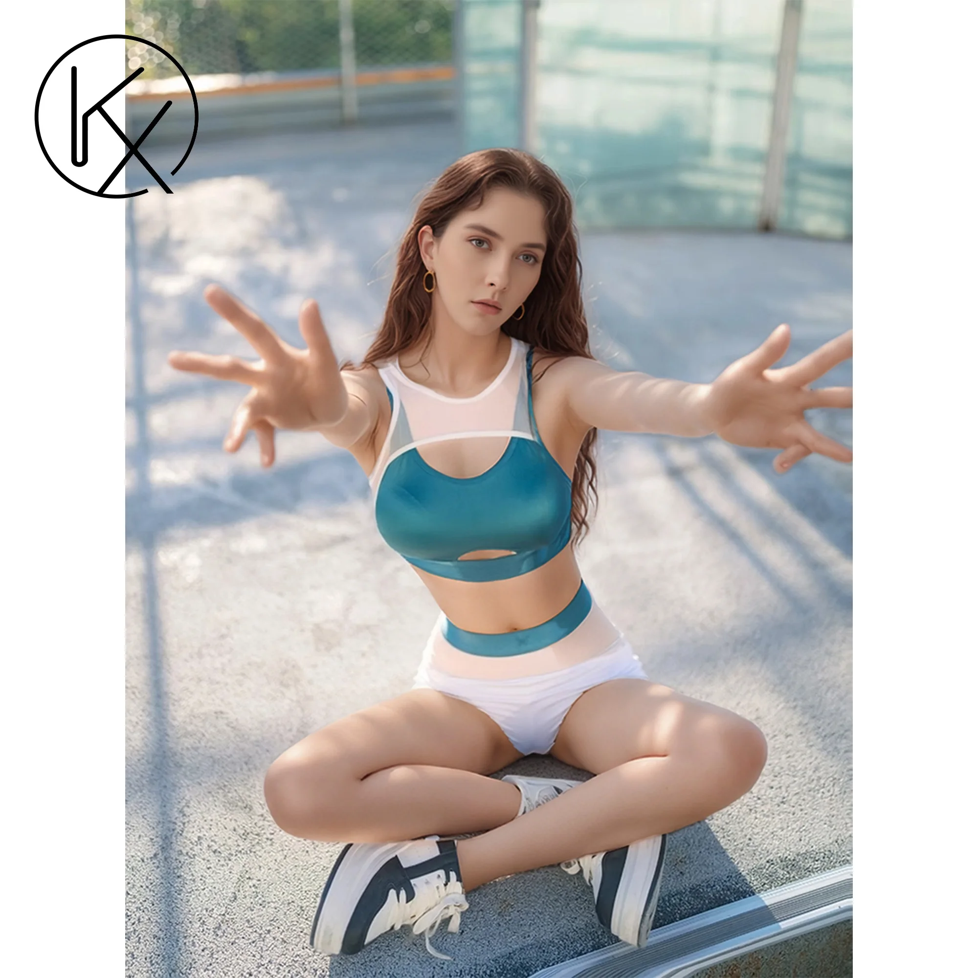 

kaixiggmm Ladies' sexy shiny fabric splicing design, sportswear breathable and body shaping