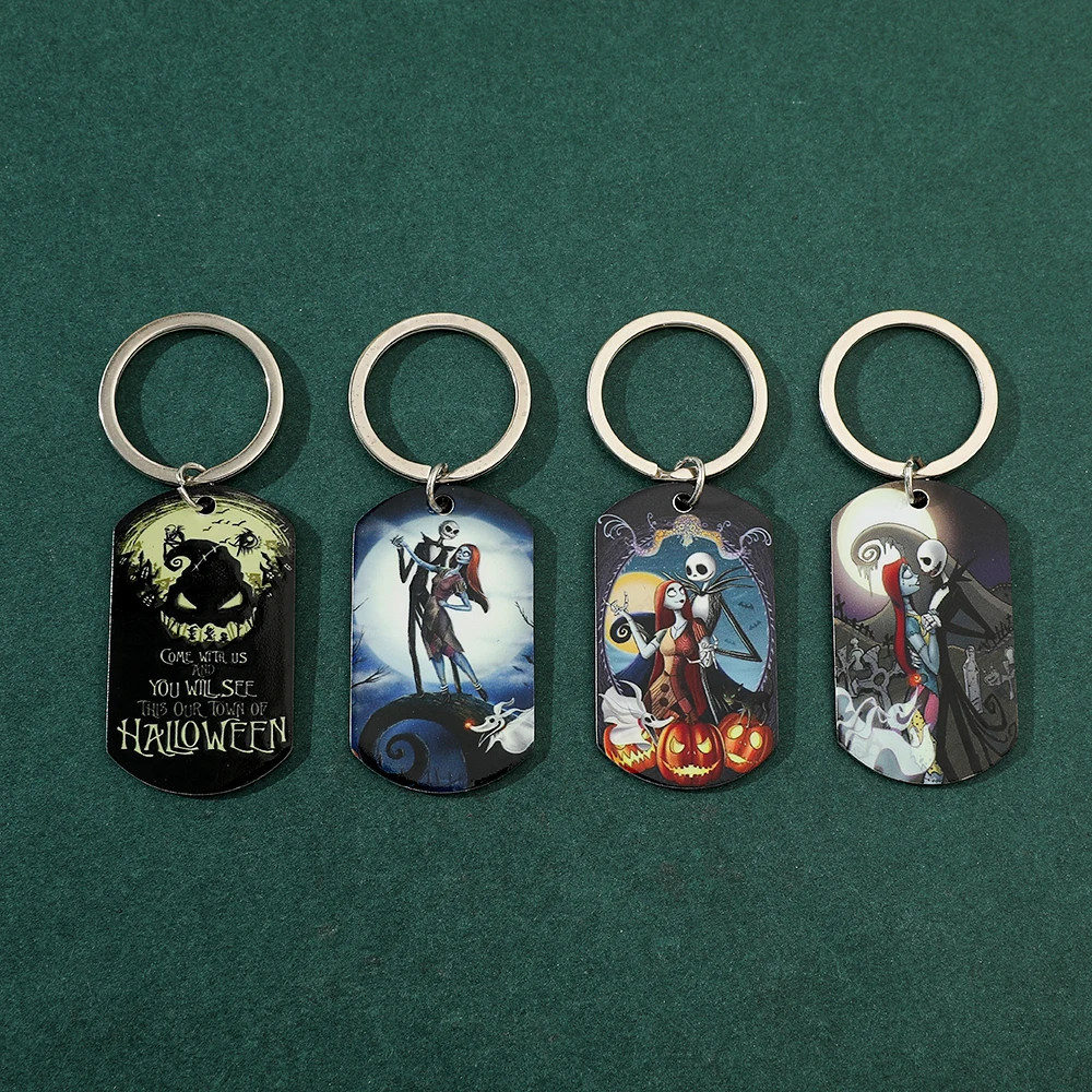 The Nightmare Before Christmas Keychain, Stainless Steel, Color Printing, Jack Sally, Halloween Gift, Skeleton Pendant, Keyrings