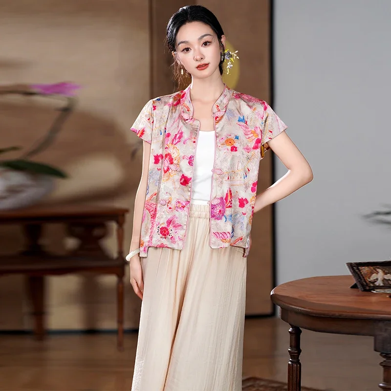 Summer Tops Women's Modern Oriental Shirt Vintage Floral Print Pink Red Blouse Buttons