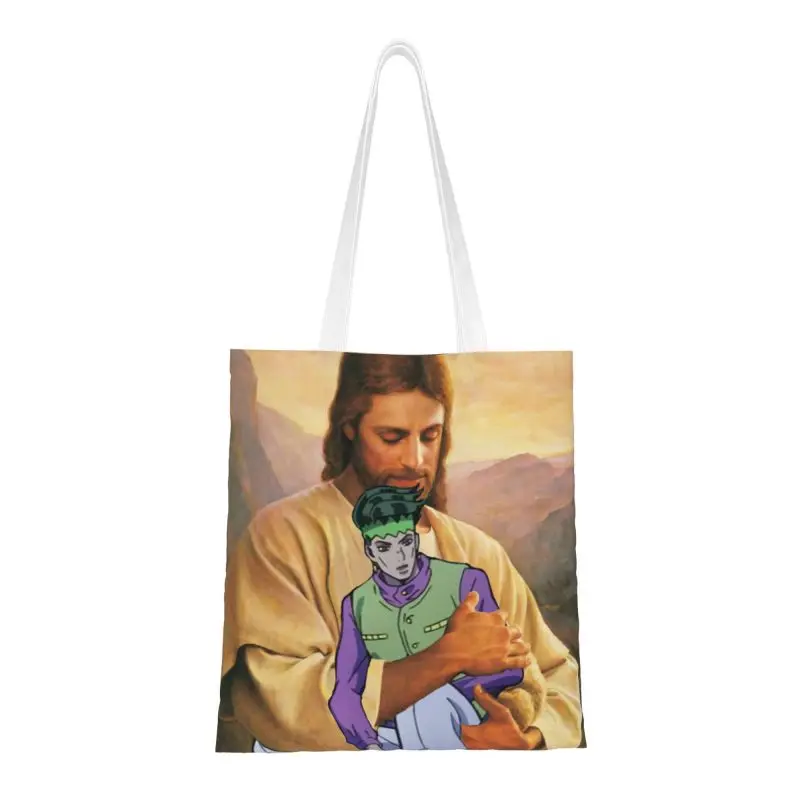 Kawaii JOJO'S Shopping Tote Bag Reusable Polnareff Jesus Adventure Groceries Canvas Shoulder Shopper Bag