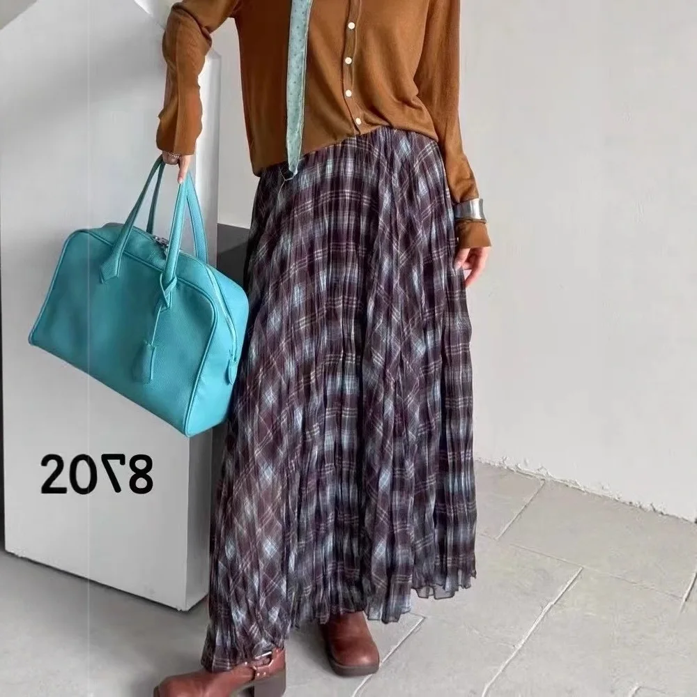 กระโปรงยาวทรงเอเอวสูงลายสก๊อตสำหรับผู้หญิง กระโปรงยาวทรงเอแบบอสมมาตรสไตล์เกาหลี กระโปรงผ้าทูลหลายชั้น กระโปรงจีบสำหรับงานปาร์ตี้