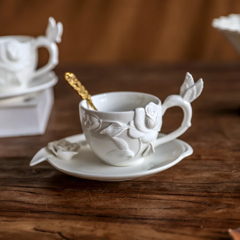 PYH retro relief rose ceramic coffee cup and saucer set afternoon black tea cup light luxury pinch flower cup 3