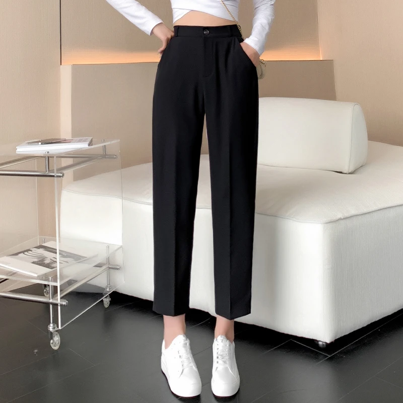 Pantalones de traje negros rectos finos para mujer, pantalones de tubo de humo casuales versátiles, moda de primavera y otoño, 9 puntos, verano,