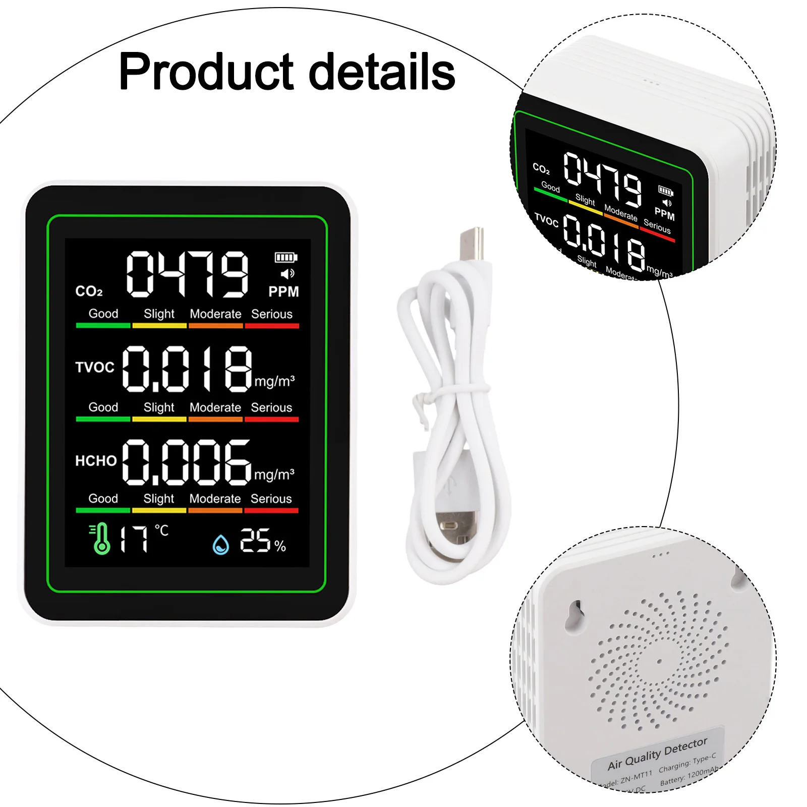 5-in-1 Air Quality Monitor TVOC Detector With 2.8 Inch Display For Indoor Home For Temperature Humidity Testing Meter