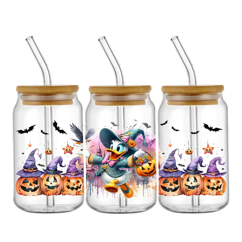 Disney Halloween Mickey Minnie Dessie UV DTF Cup Wraps Transfer Sticker For 16OZ Glass Libbey Can Bottle Washable DIY Custom