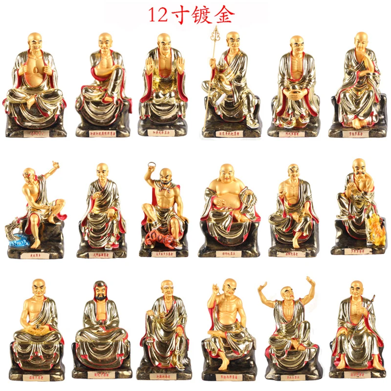 Gran 18p templo budista asiático Altar en casa 18 LUO HAN arhat Rohan estatua de Buda dorada exorcizar espíritu malvado protección efectiva