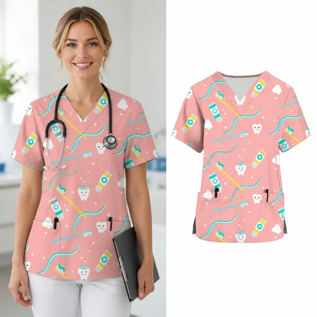 New Summer Women's Hospital Clinic Dental Pet Shop Care Uniform T-Shirt V-Neck Short Sleeve Frosted Top with Printed Design - view 3
