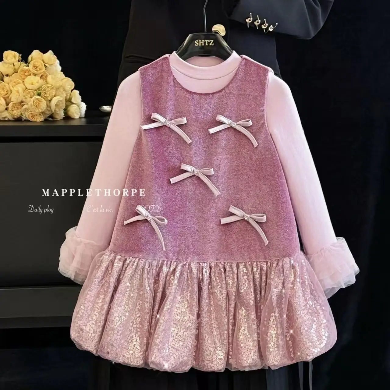 الخريف والشتاء الفتيات القوس مزين المخملية شبكة المرقعة الأزهار برعم بينافور فستان مبطنة بالصوف تول الأكمام 100-150 سنتيمتر #1