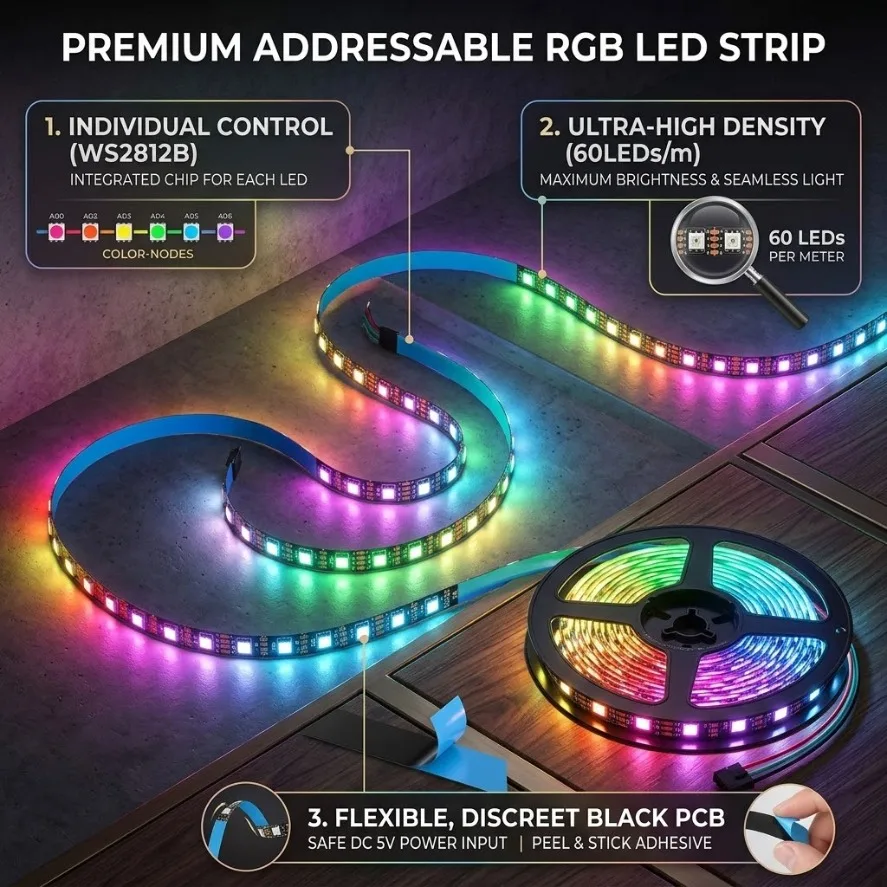 WS2812B 5050 RGB IC Smart LED Strip Individually Addressable IC DC5V 30/60/144LEDs/M Black/White PCB IP30 IP67 Waterproof Lamp
