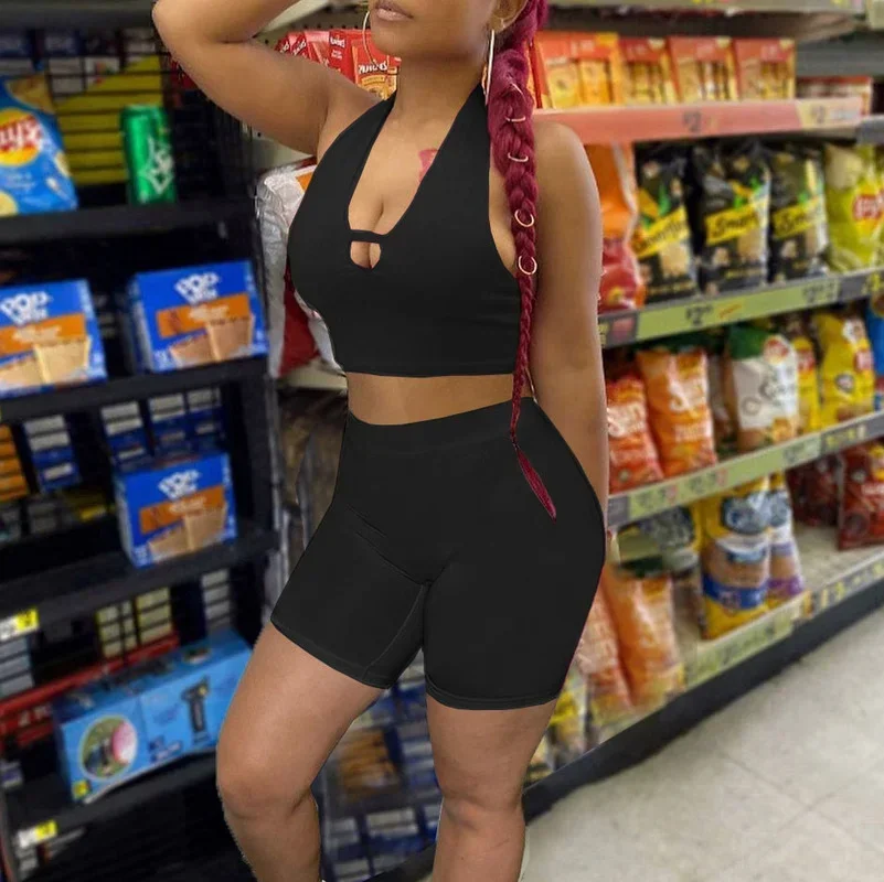 Guwu verão com decote em v halter topo e shorts conjunto de duas peças roupas esportivas femininas sexy agasalho verão rua clube festa outfits