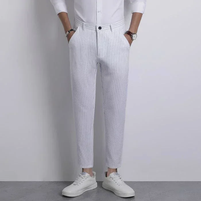 

Men Fashion Striped Business Casual Suit Pants Classic Slim Fit Straight Ankle Length Pants Daily Versatile Narrow Leg Trousers