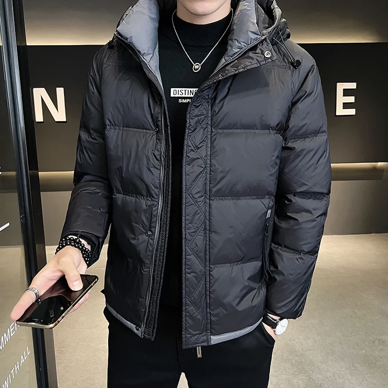 New 2024 Autumn Winter Men's Casual Black Color Hooded Duck Down Jackets Outwear Warm Puffer Coat Windproof Down Padded Clothing