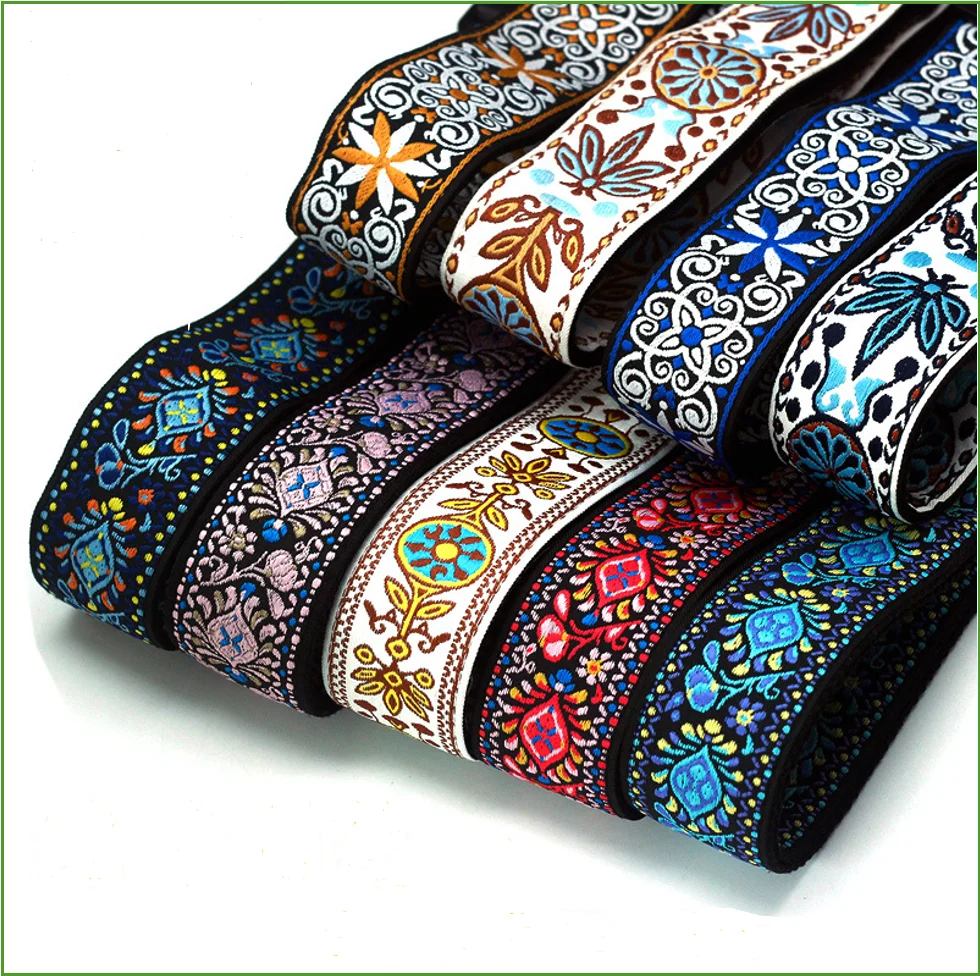 Guitar Strap Embroidered Belt Adjustable Jacquard Band Cotton Leather End For Bass Acoustic Electric Guitar Ukulele Instruments