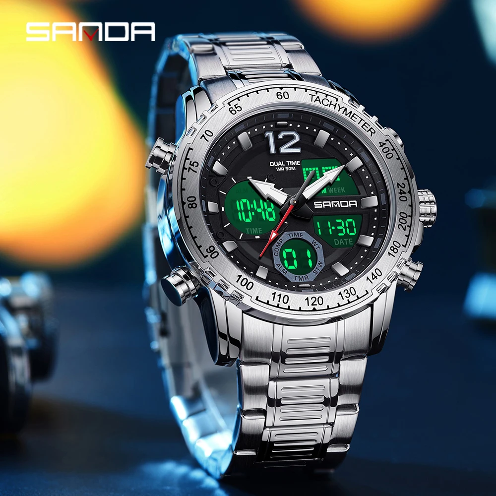 SANDA 6193 G Black Sports Date Military Watches 5bar Waterproof Stainless Steel Electronic Wristwatch Men's Digital Watch