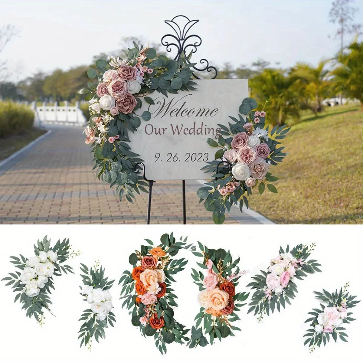 1Set Artificial Wedding Arch Flowers Kit Boho Dusty Rose Blue Eucalyptus For Wedding Decorations Welcome Sign