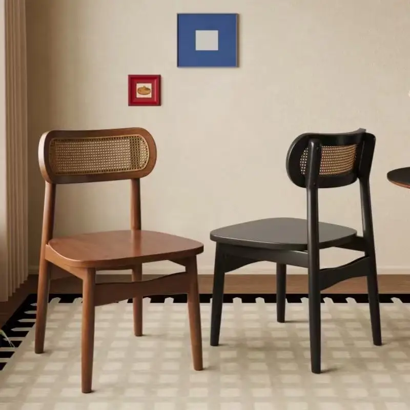 

French retro all-solid wood dining table and chair backrest dining chair medieval leisure home rattan soft bag