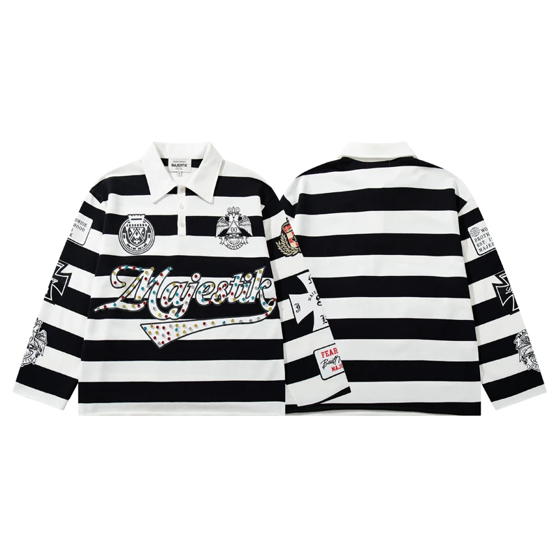 Majestik Long Sleeved Tees Black White Stripes Loose Tops Men Women Letter Printed Rhinestone Polo T-shirts