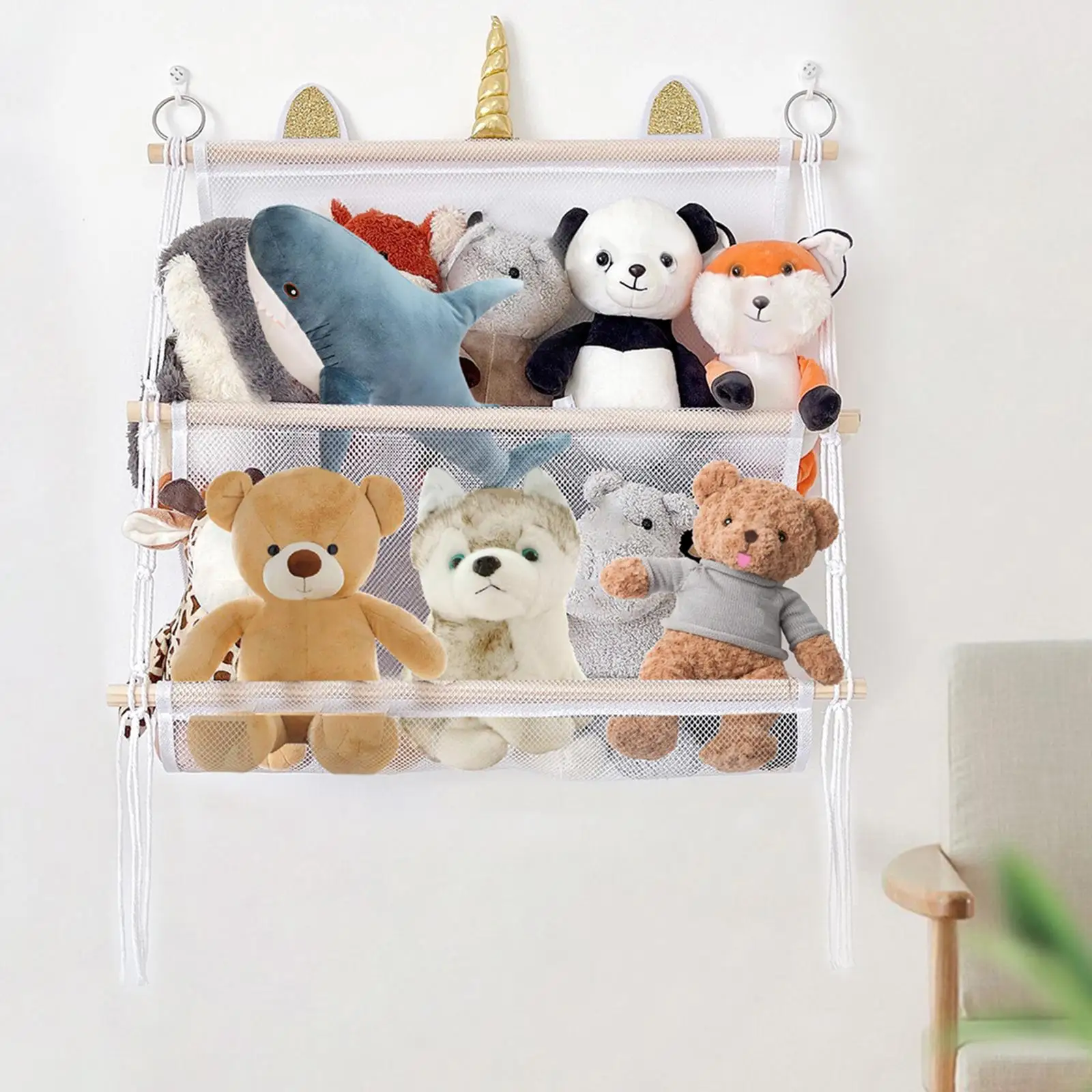 Stuffed Animal Net Hammock Two Layers Decor Organizing Wall Hanging Storage for Nursery Kids Bedroom Living Room Home Playroom