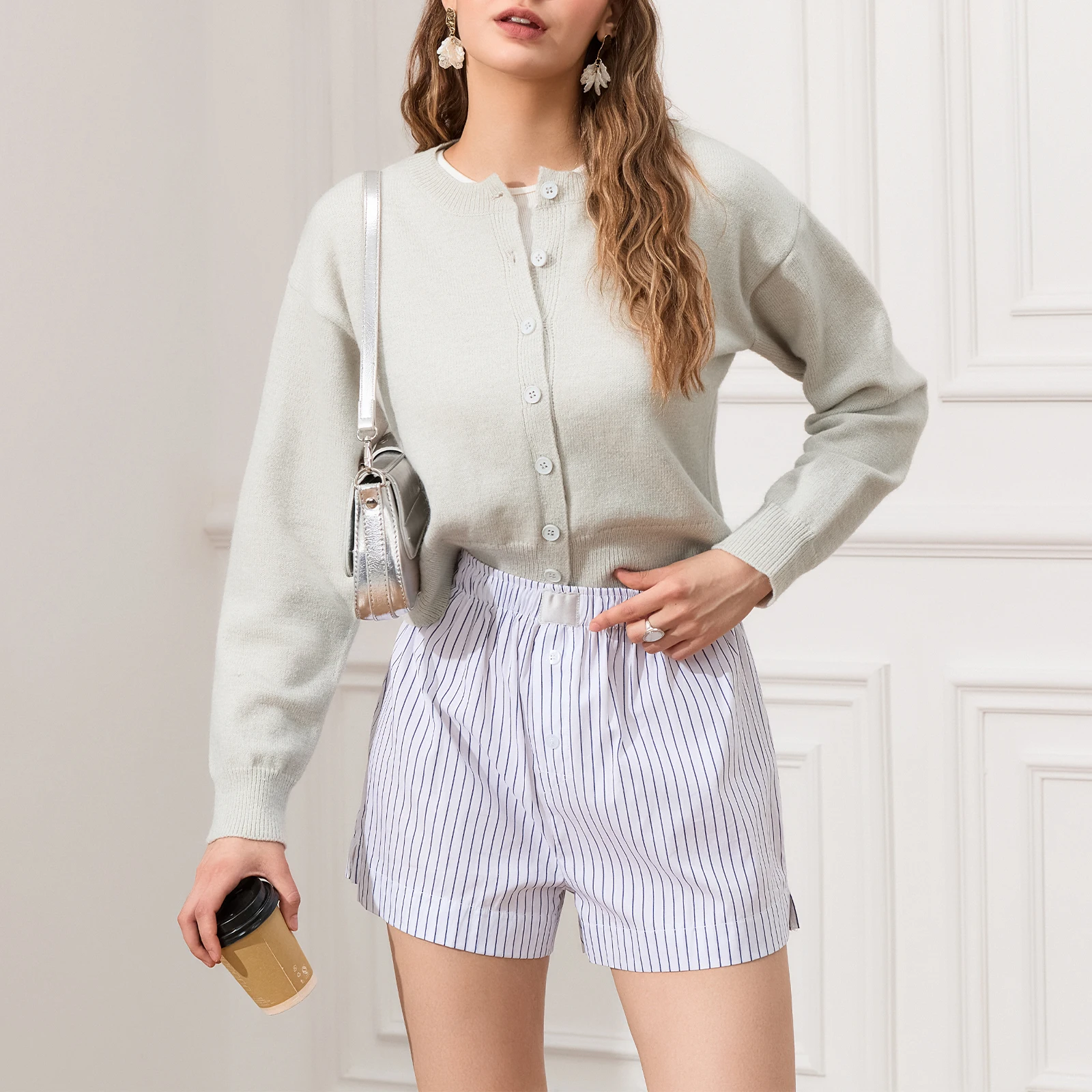 Casaco de malha curto estético feminino, monocromático, gola redonda, blusa de manga comprida, streetwear, outono e inverno