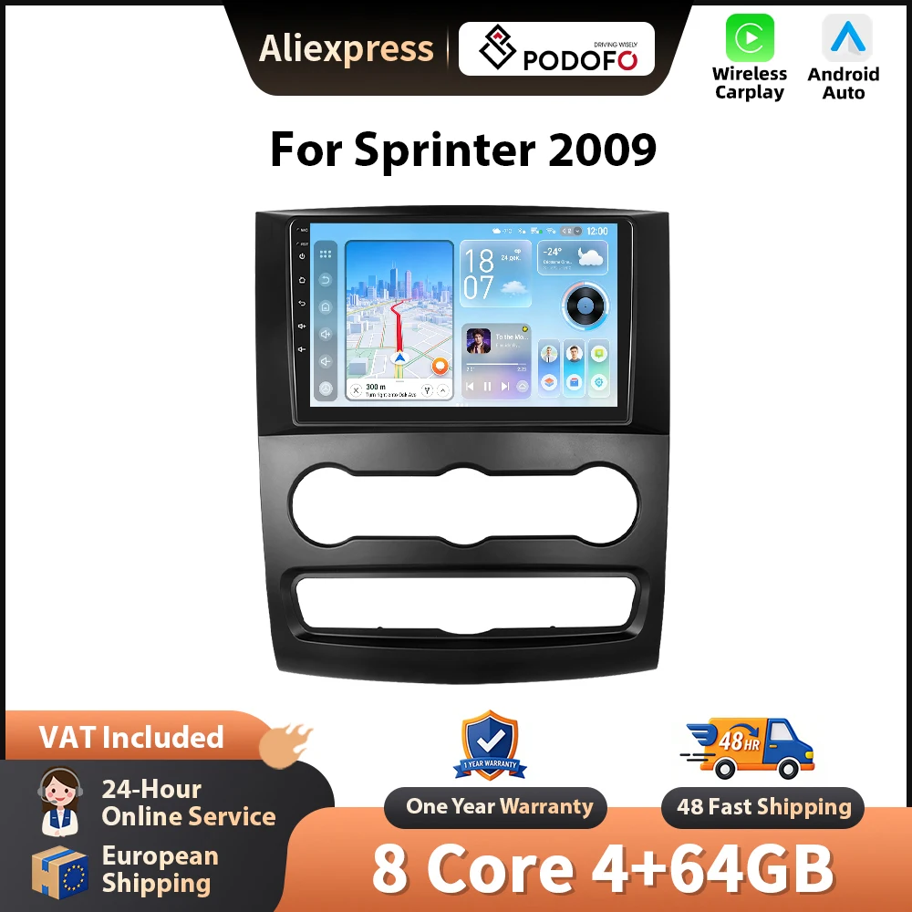 Podofo 10'' Auto-Multimedia-Player für Sprinter 2009 Android CarPlay GPS Autoradio WIFI FM/RDS AI Sprachsteuerung Auto-Stereoanlage DSP EQ