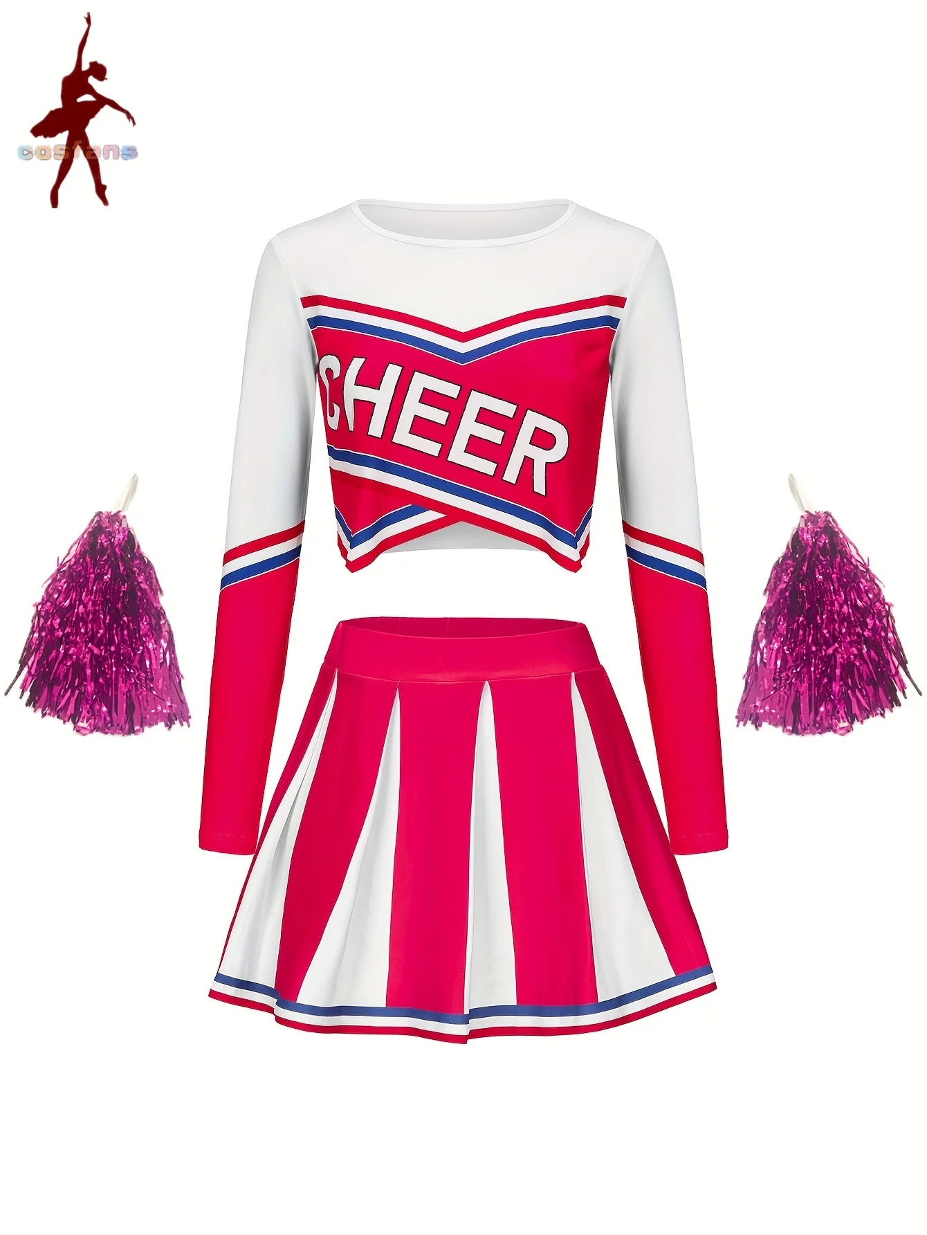 

Long sleeved Cheerleader Short Skirt Set Girls Kids Holiday Party Cute Homecoming Season Sports Performance Costume Send Pom Pom