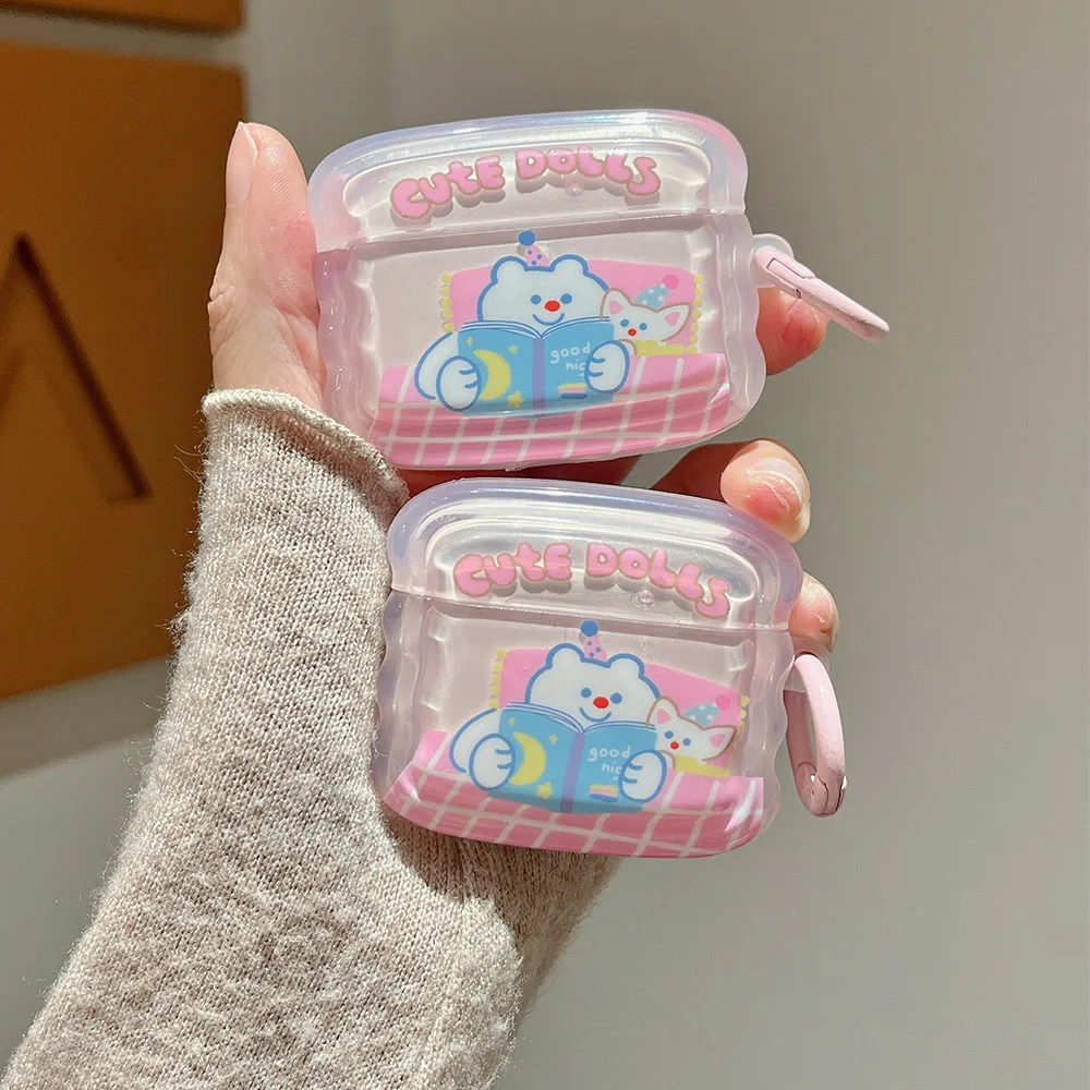 Cute Cartoon Read a Book Bear Dolls Case For Apple Airpods Pro 2 Clear Pink Earphone Cover For Air pods 1 2 3 Cases with Keyring