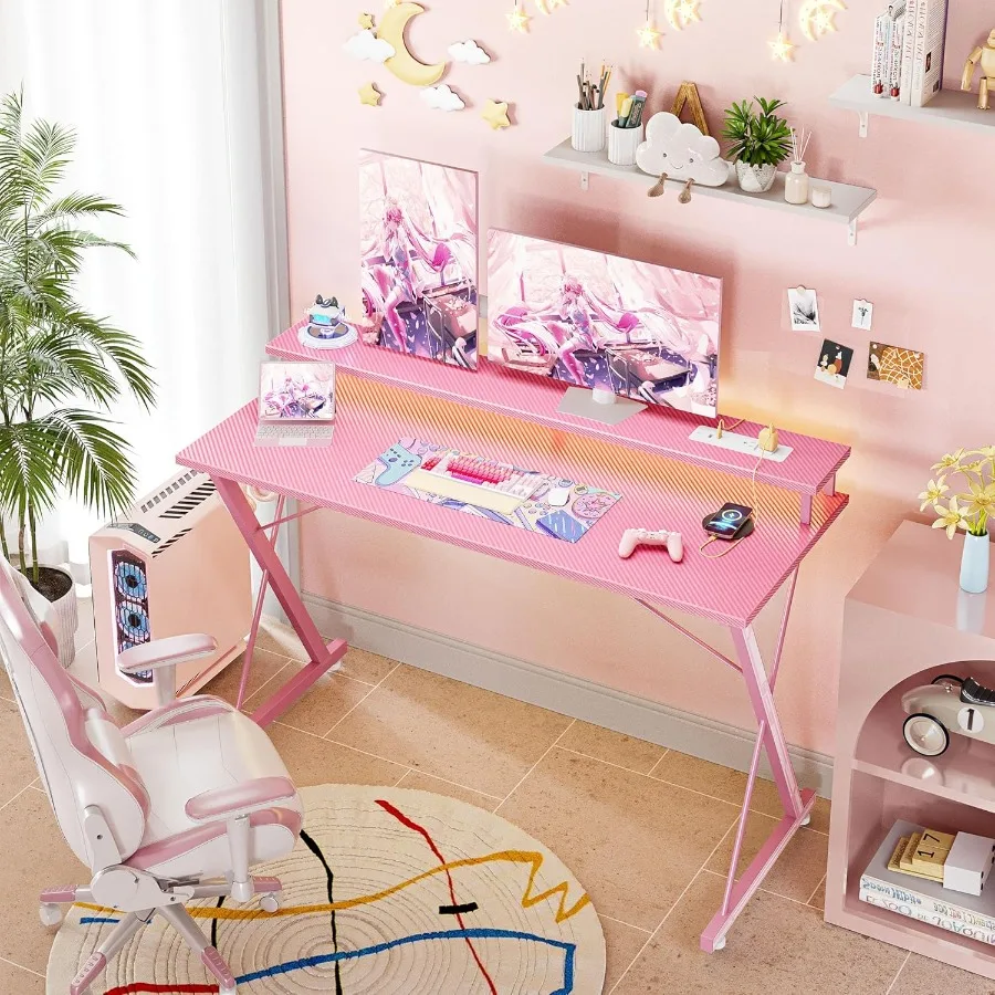 مكتب ألعاب مع منافذ طاقة LED 40 بوصة كمبيوتر مريح من ألياف الكربون سطح ألعاب مكتب شاشة كبيرة حامل سماعة الرأس هوو #2