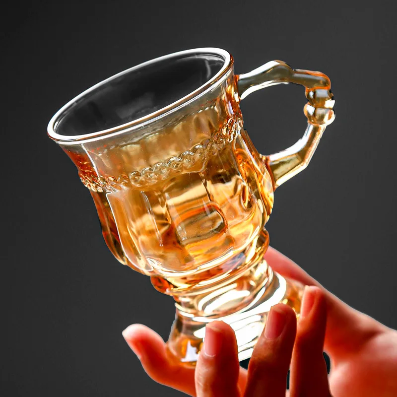 Household Retro European Coffee Cup Teacup Milk Tea Cup Glass with Handle Wine Cup High Value Coffee Cup Household Goods